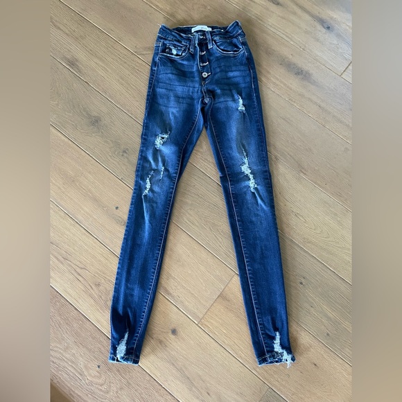 KanCan High Rise Distressed Dark Blue Jeans - Picture 1 of 4